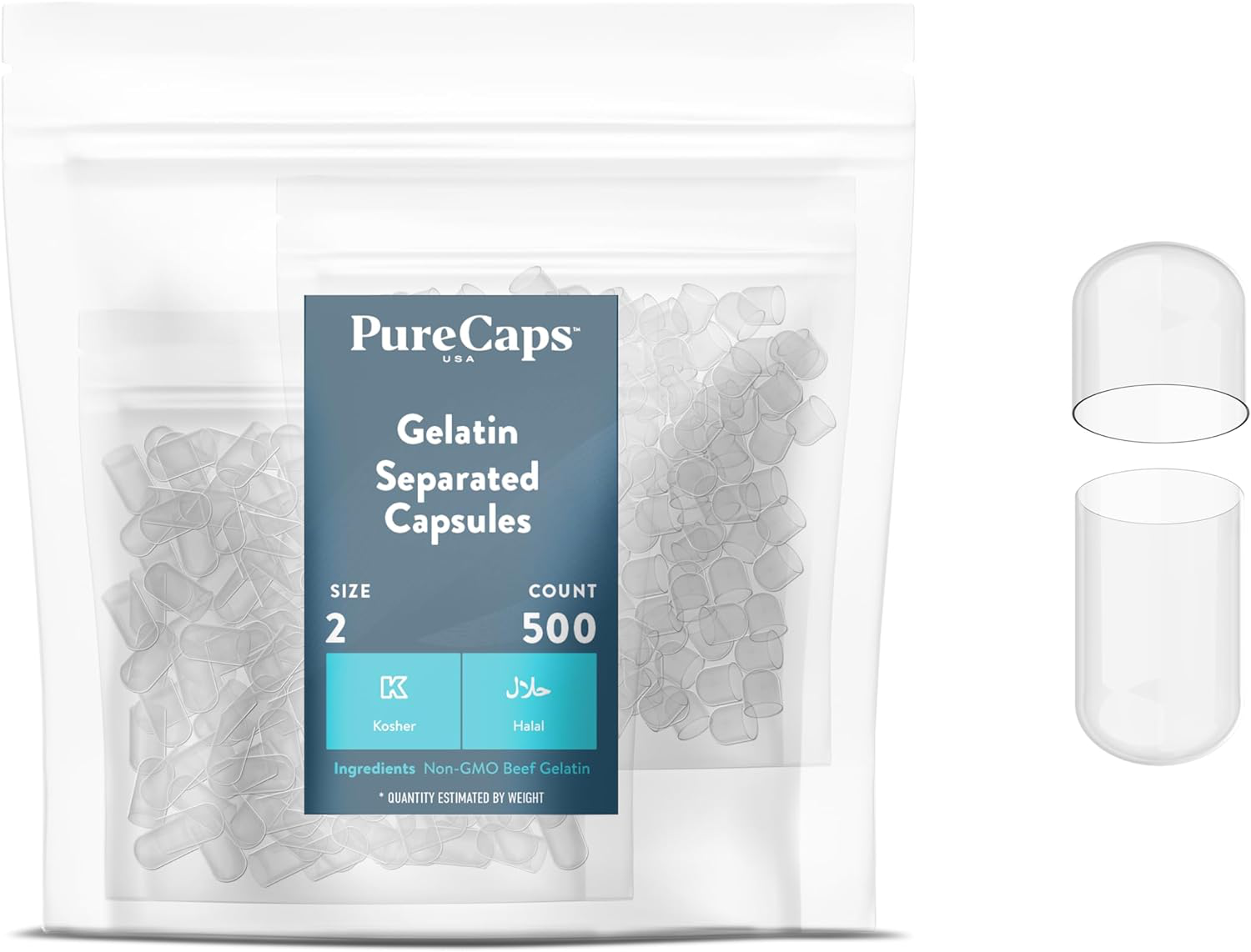 Size 00 Empty Gelatin Capsules – Separated, Halal, Kosher – 1,000 Count Bag